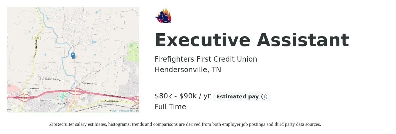 Firefighters First Credit Union job posting for a Executive Assistant in Hendersonville, TN with a salary of $80,000 to $90,000 Yearly with a map of Hendersonville location.
