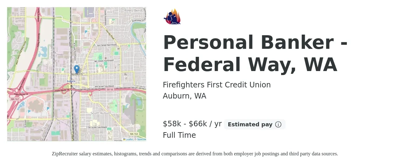 Firefighters First Credit Union job posting for a Personal Banker - Federal Way, WA in Auburn, WA with a salary of $58,319 to $66,095 Yearly with a map of Auburn location.