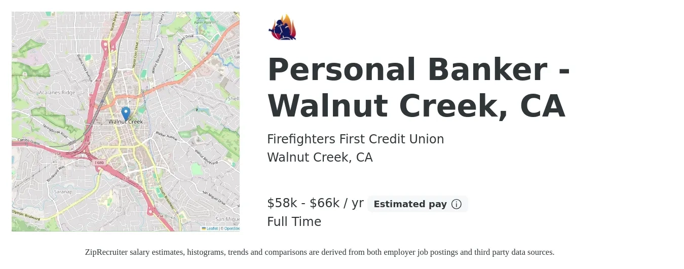 Firefighters First Credit Union job posting for a Personal Banker - Walnut Creek, CA in Walnut Creek, CA with a salary of $58,319 to $66,095 Yearly with a map of Walnut Creek location.