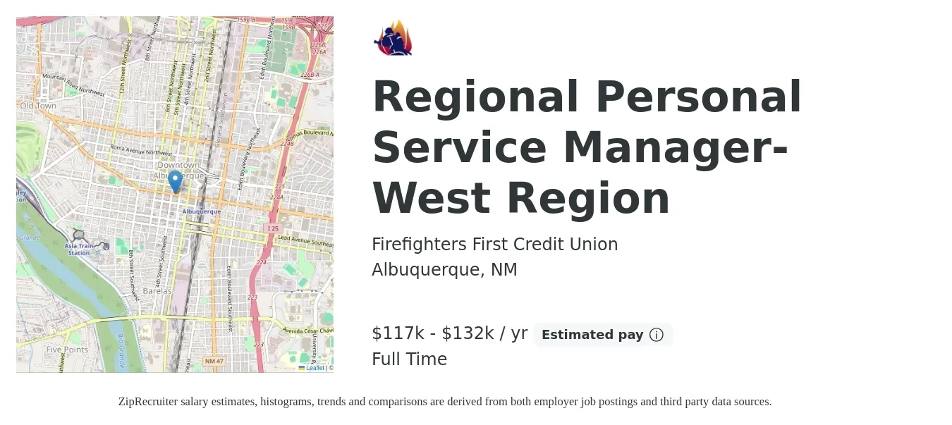 Firefighters First Credit Union job posting for a Regional Personal Service Manager-West Region in Albuquerque, NM with a salary of $117,043 to $132,648 Yearly with a map of Albuquerque location.