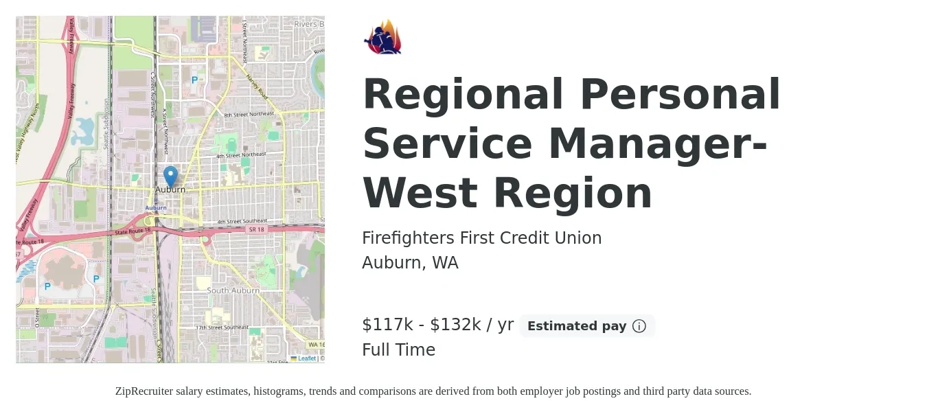 Firefighters First Credit Union job posting for a Regional Personal Service Manager-West Region in Auburn, WA with a salary of $117,043 to $132,648 Yearly with a map of Auburn location.