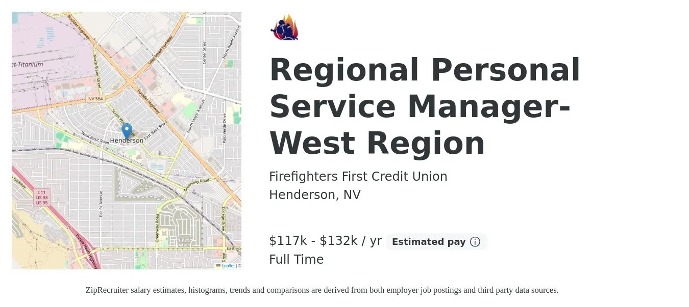 Firefighters First Credit Union job posting for a Regional Personal Service Manager-West Region in Henderson, NV with a salary of $117,043 to $132,648 Yearly with a map of Henderson location.