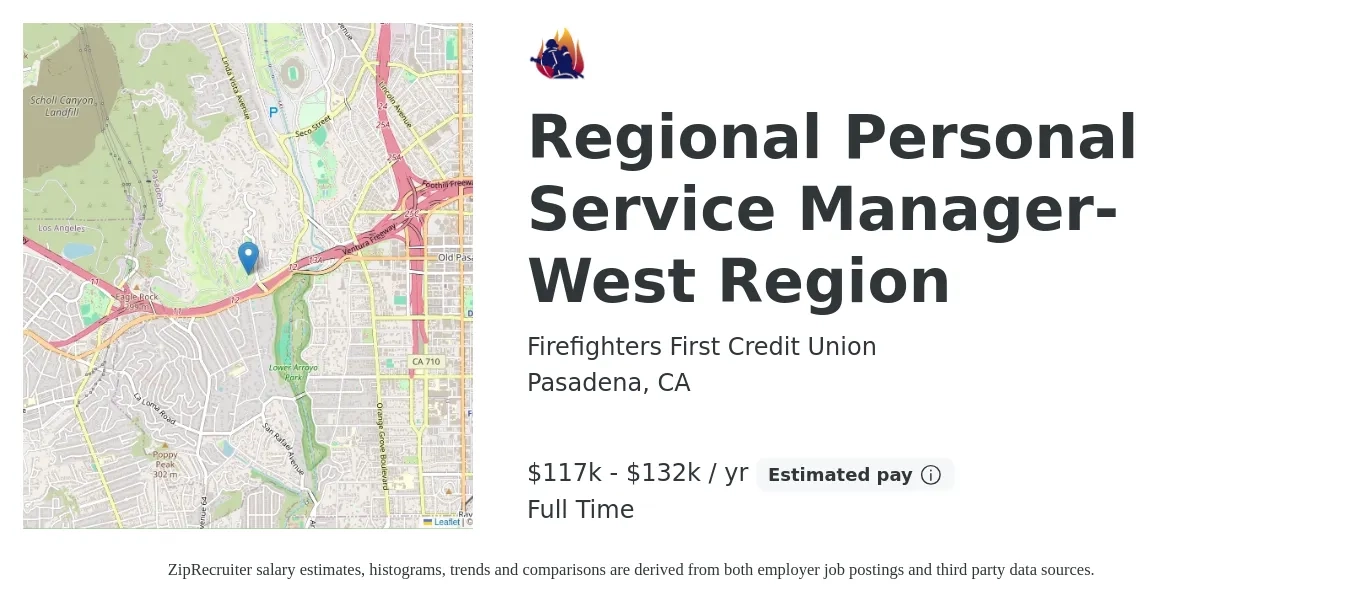 Firefighters First Credit Union job posting for a Regional Personal Service Manager-West Region in Pasadena, CA with a salary of $117,043 to $132,648 Yearly with a map of Pasadena location.