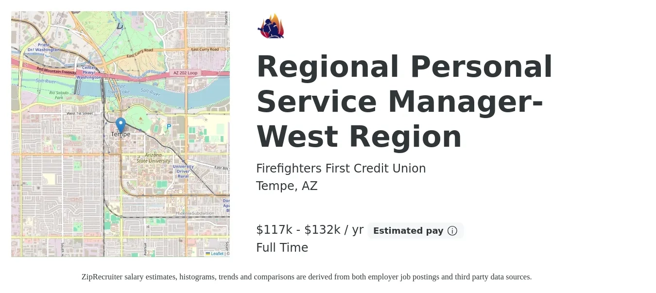 Firefighters First Credit Union job posting for a Regional Personal Service Manager-West Region in Tempe, AZ with a salary of $117,043 to $132,648 Yearly with a map of Tempe location.