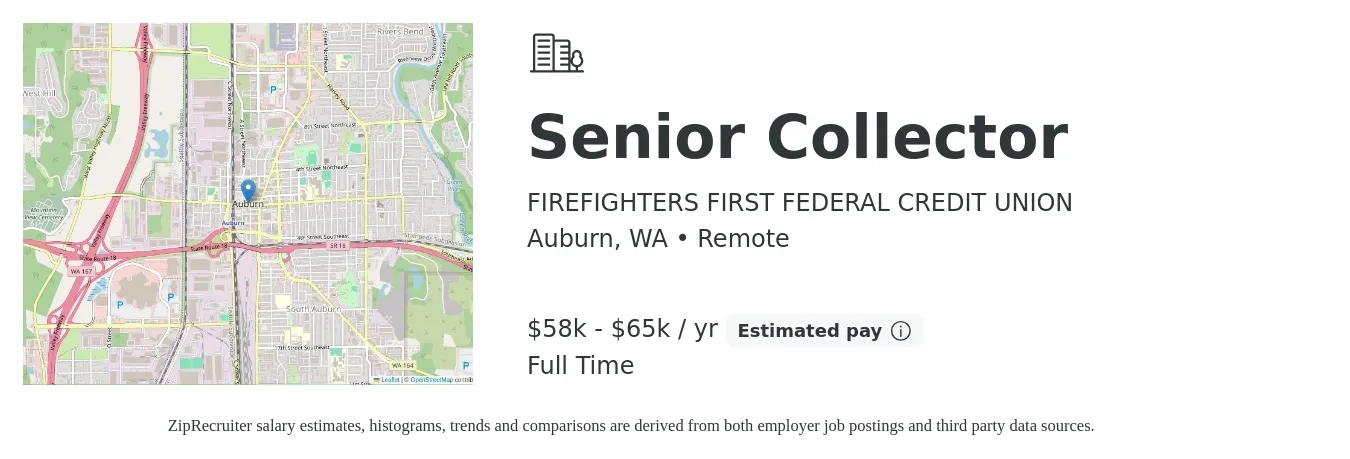 FIREFIGHTERS FIRST FEDERAL CREDIT UNION job posting for a Senior Collector in Auburn, WA with a salary of $58,558 to $65,098 Yearly with a map of Auburn location.