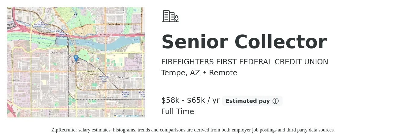 FIREFIGHTERS FIRST FEDERAL CREDIT UNION job posting for a Senior Collector in Tempe, AZ with a salary of $58,558 to $65,098 Yearly with a map of Tempe location.