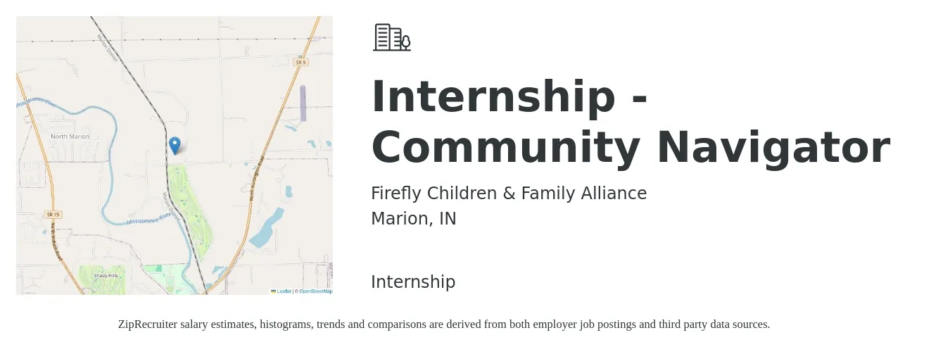 Firefly Children & Family Alliance job posting for a Internship - Community Navigator in Marion, IN with a salary of $14 to $18 Hourly with a map of Marion location.