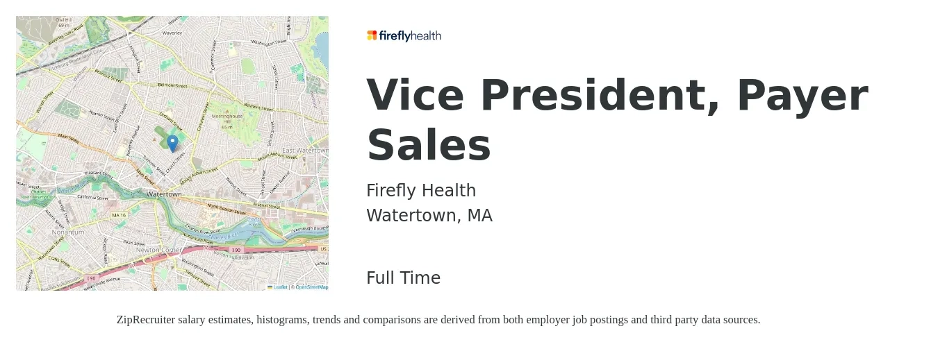 Firefly Health job posting for a Vice President, Payer Sales in Watertown, MA with a salary of $135,900 to $212,100 Yearly with a map of Watertown location.
