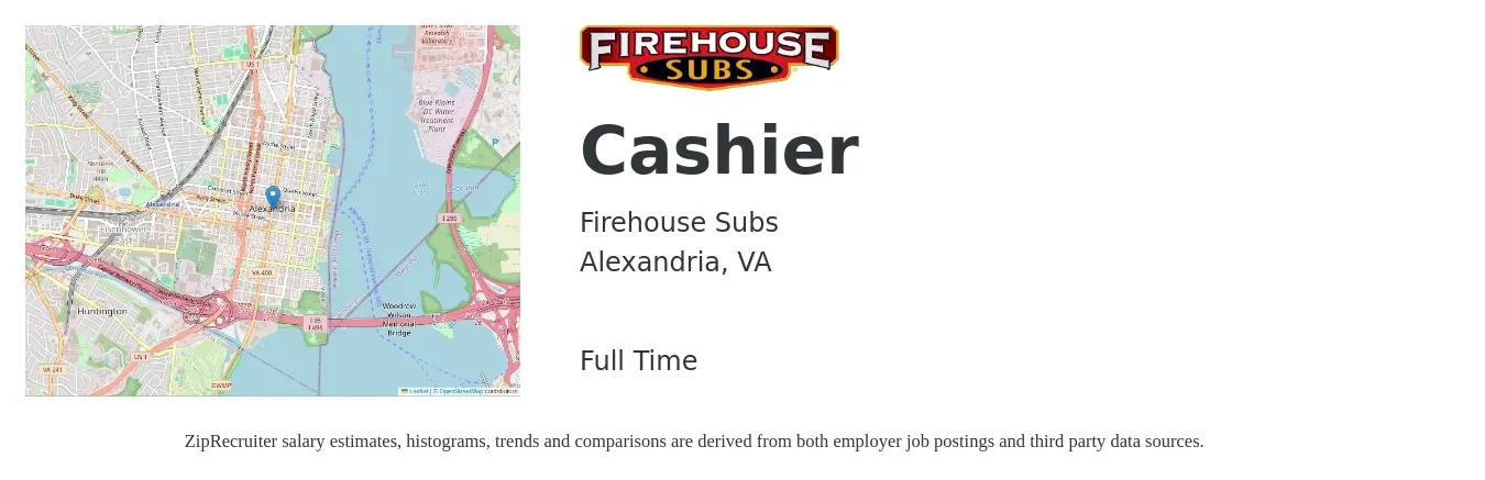 Firehouse Subs job posting for a Cashier in Alexandria, VA with a salary of $14 to $17 Hourly with a map of Alexandria location.