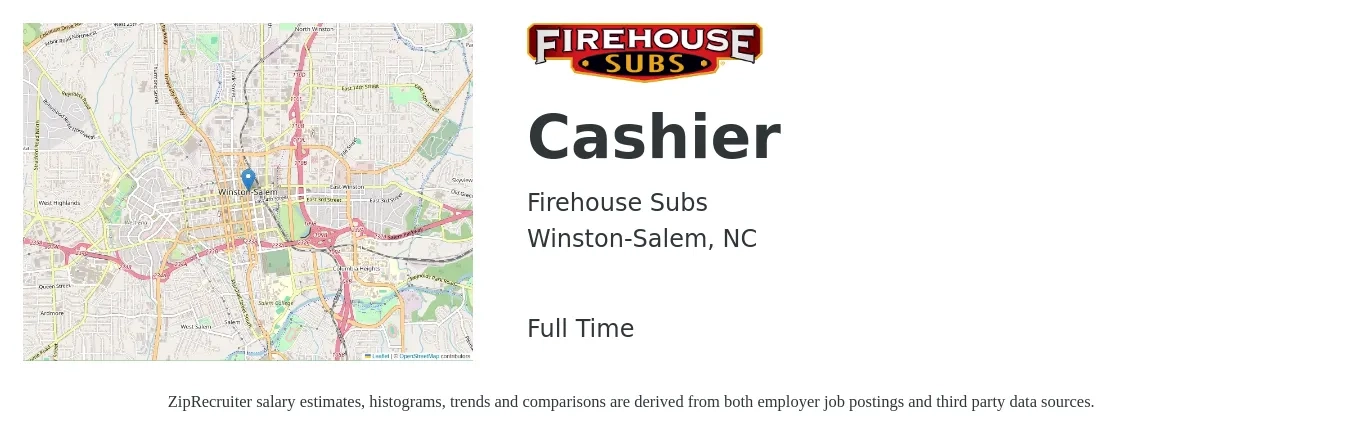 Firehouse Subs job posting for a Cashier in Winston-Salem, NC with a salary of $14 to $16 Hourly with a map of Winston-Salem location.