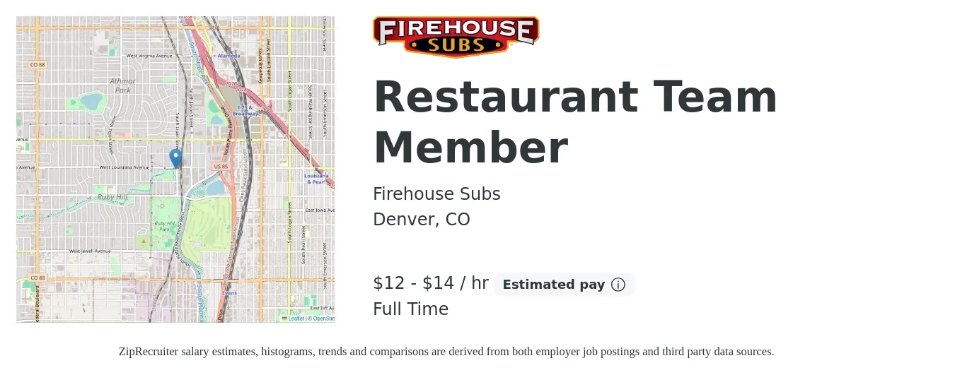 Firehouse Subs job posting for a Restaurant Team Member in Denver, CO with a salary of $13 to $15 Hourly with a map of Denver location.