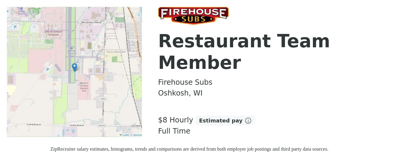 Firehouse Subs job posting for a Restaurant Team Member in Oshkosh, WI with a salary of $9 Hourly with a map of Oshkosh location.