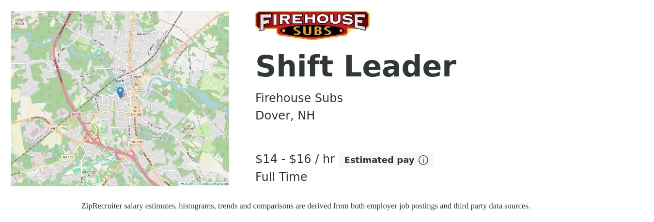 Firehouse Subs job posting for a Shift Leader in Dover, NH with a salary of $15 to $17 Hourly with a map of Dover location.