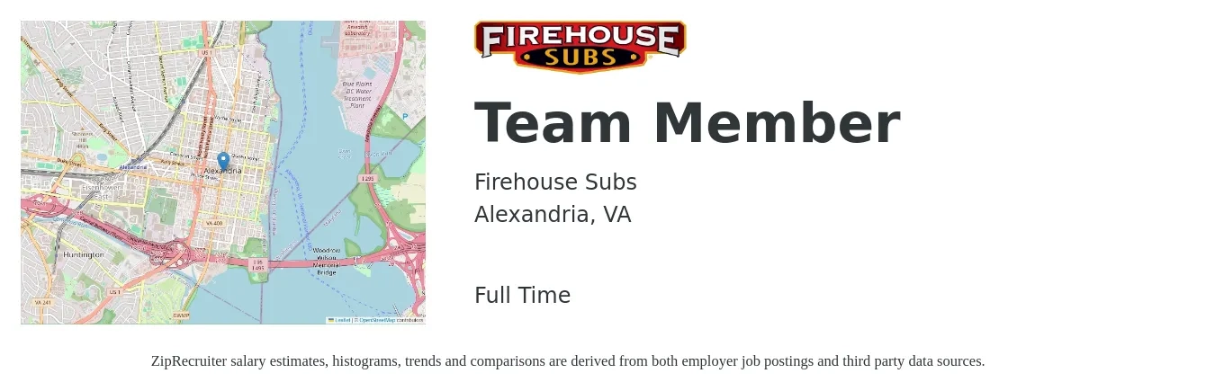 Firehouse Subs job posting for a Team Member in Alexandria, VA with a salary of $12 to $15 Hourly with a map of Alexandria location.