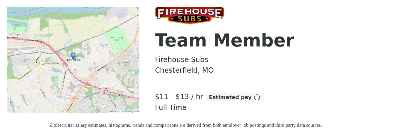 Firehouse Subs job posting for a Team Member in Chesterfield, MO with a salary of $12 to $14 Hourly with a map of Chesterfield location.