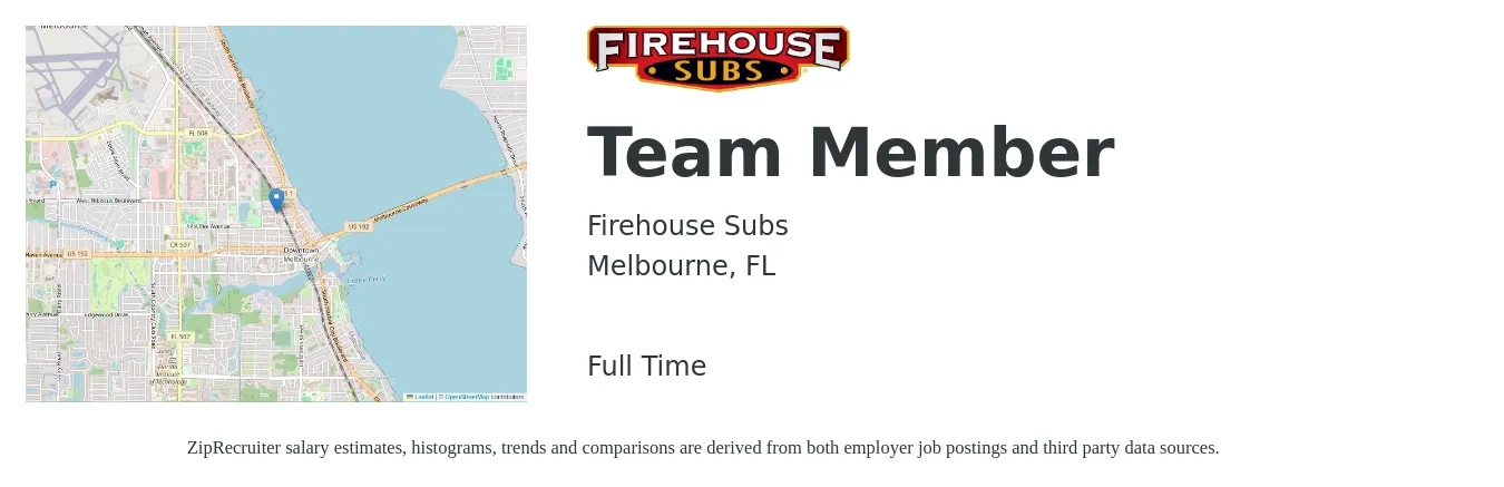 Firehouse Subs job posting for a Team Member in Melbourne, FL with a salary of $11 to $14 Hourly with a map of Melbourne location.