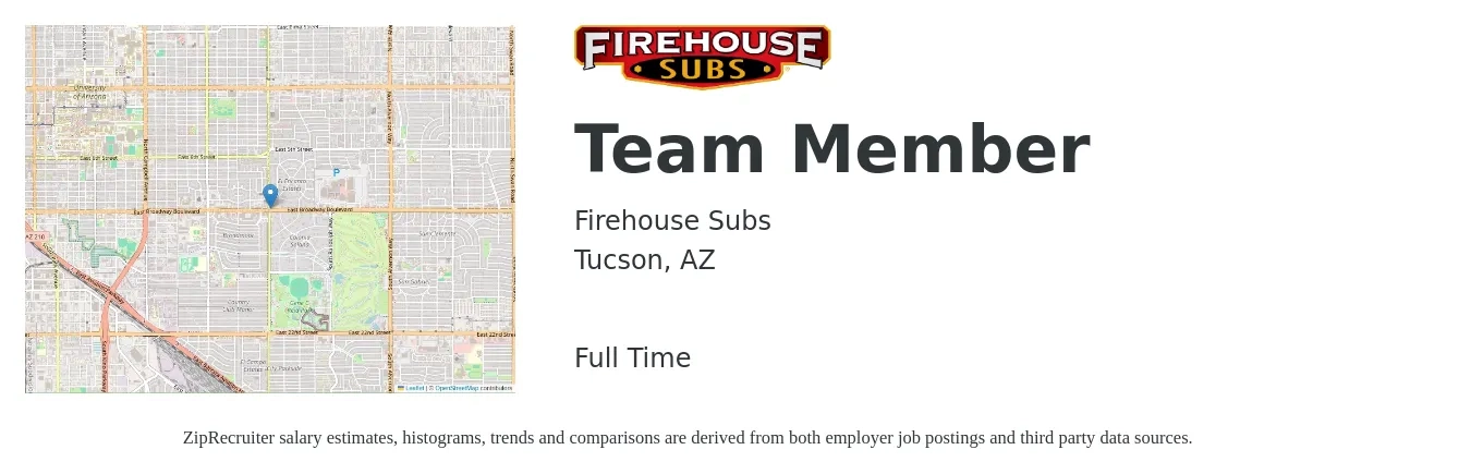 Firehouse Subs job posting for a Team Member in Tucson, AZ with a salary of $11 to $14 Hourly with a map of Tucson location.