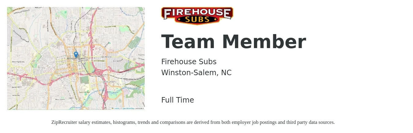 Firehouse Subs job posting for a Team Member in Winston-Salem, NC with a salary of $11 to $14 Hourly with a map of Winston-Salem location.