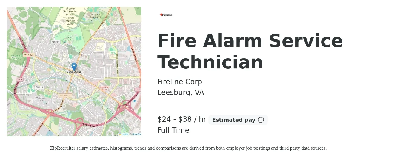 Fireline Corp job posting for a Fire Alarm Service Technician in Leesburg, VA with a salary of $25 to $40 Hourly with a map of Leesburg location.