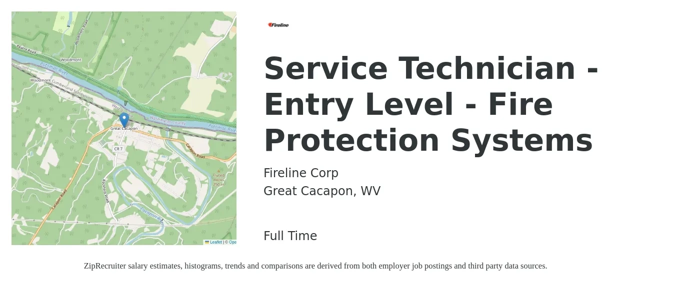Fireline Corp job posting for a Service Technician - Entry Level - Fire Protection Systems in Great Cacapon, WV with a salary of $20 to $27 Hourly with a map of Great Cacapon location.