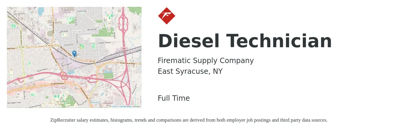 Firematic Supply Company job posting for a Diesel Technician in East Syracuse, NY with a salary of $20 to $35 Hourly with a map of East Syracuse location.