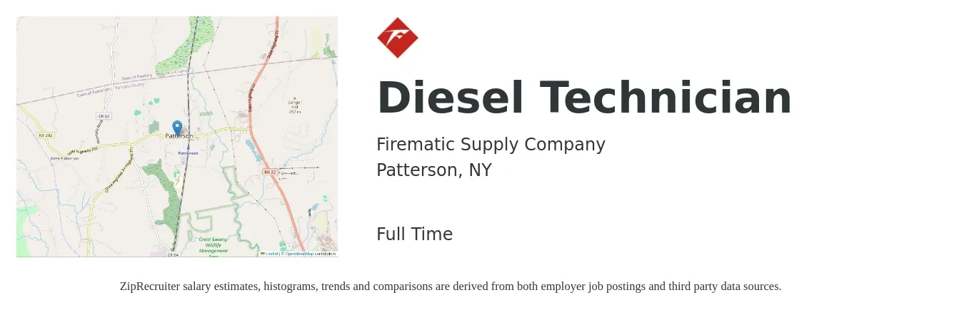 Firematic Supply Company job posting for a Diesel Technician in Patterson, NY with a salary of $20 to $35 Hourly with a map of Patterson location.