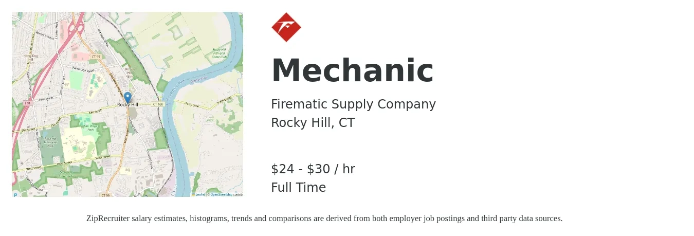 Firematic Supply Company job posting for a Mechanic in Rocky Hill, CT with a salary of $25 to $32 Hourly with a map of Rocky Hill location.