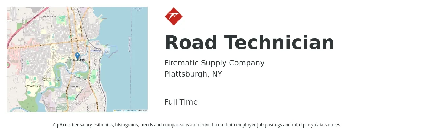 Firematic Supply Company job posting for a Road Technician in Plattsburgh, NY with a salary of $25 to $32 Hourly with a map of Plattsburgh location.