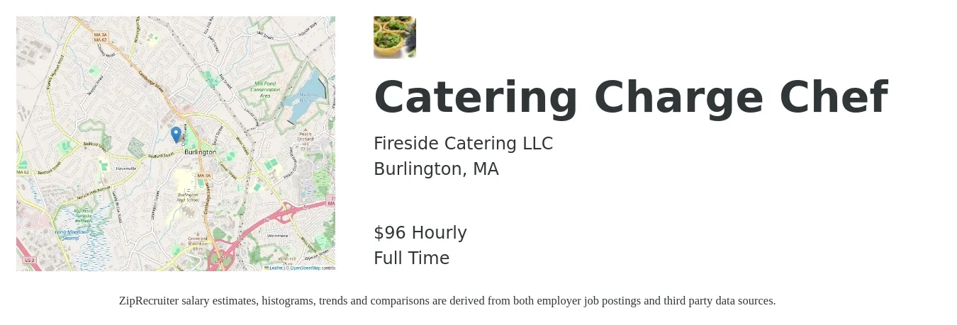 Fireside Catering job posting for a Catering Charge Chef in Burlington, MA with a salary of $100 Hourly with a map of Burlington location.