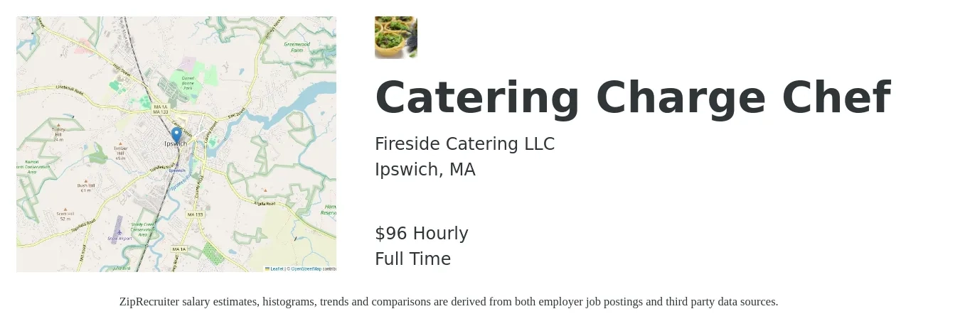 Fireside Catering job posting for a Catering Charge Chef in Ipswich, MA with a salary of $100 Hourly with a map of Ipswich location.