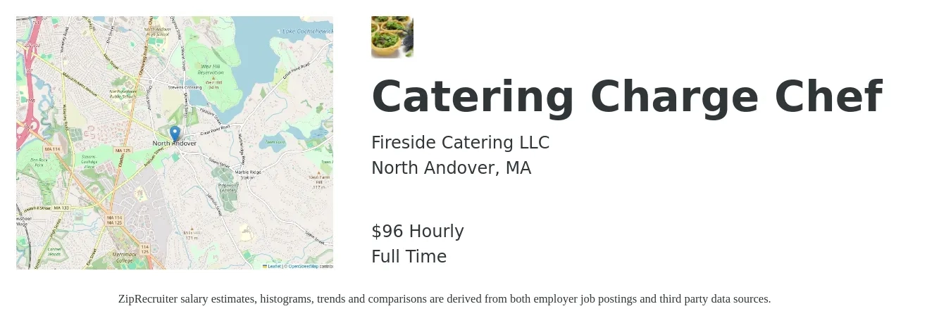 Fireside Catering LLC job posting for a Catering Charge Chef in North Andover, MA with a salary of $20 to $30 Hourly with a map of North Andover location.