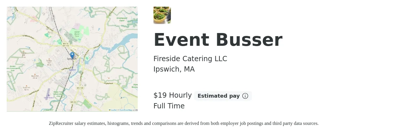 Fireside Catering LLC job posting for a Event Busser in Ipswich, MA with a salary of $15 to $20 Hourly with a map of Ipswich location.