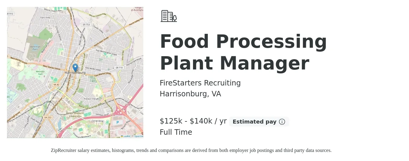 FireStarters Recruiting job posting for a Food Processing Plant Manager in Harrisonburg, VA with a salary of $125,000 to $140,000 Yearly with a map of Harrisonburg location.