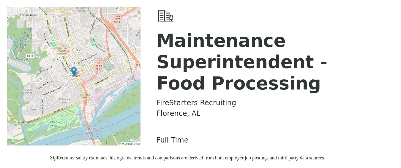 FireStarters Recruiting job posting for a Maintenance Superintendent - Food Processing in Florence, AL with a salary of $90,000 to $110,000 Yearly with a map of Florence location.