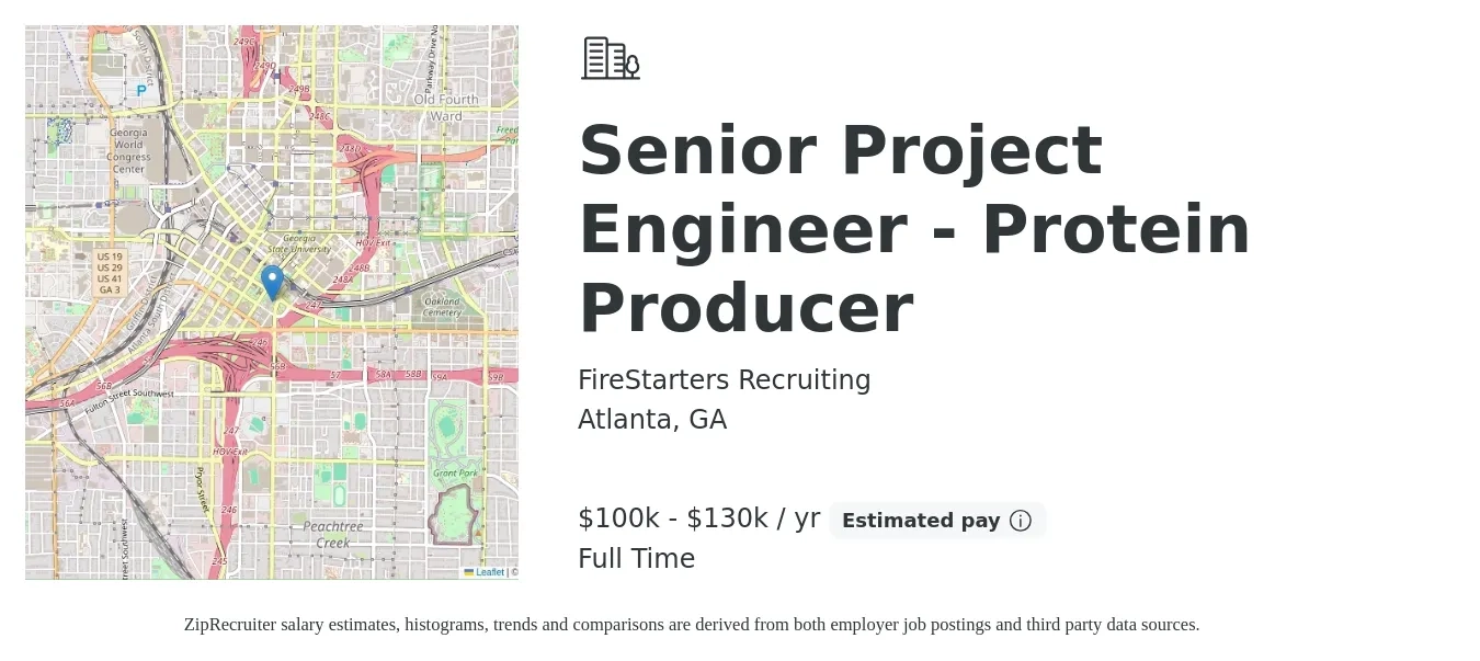 FireStarters Recruiting job posting for a Senior Project Engineer - Protein Producer in Atlanta, GA with a salary of $100,000 to $130,000 Yearly with a map of Atlanta location.