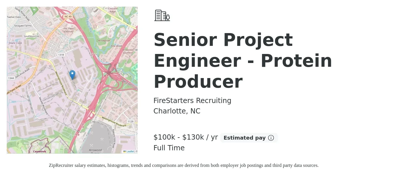 FireStarters Recruiting job posting for a Senior Project Engineer - Protein Producer in Charlotte, NC with a salary of $100,000 to $130,000 Yearly with a map of Charlotte location.
