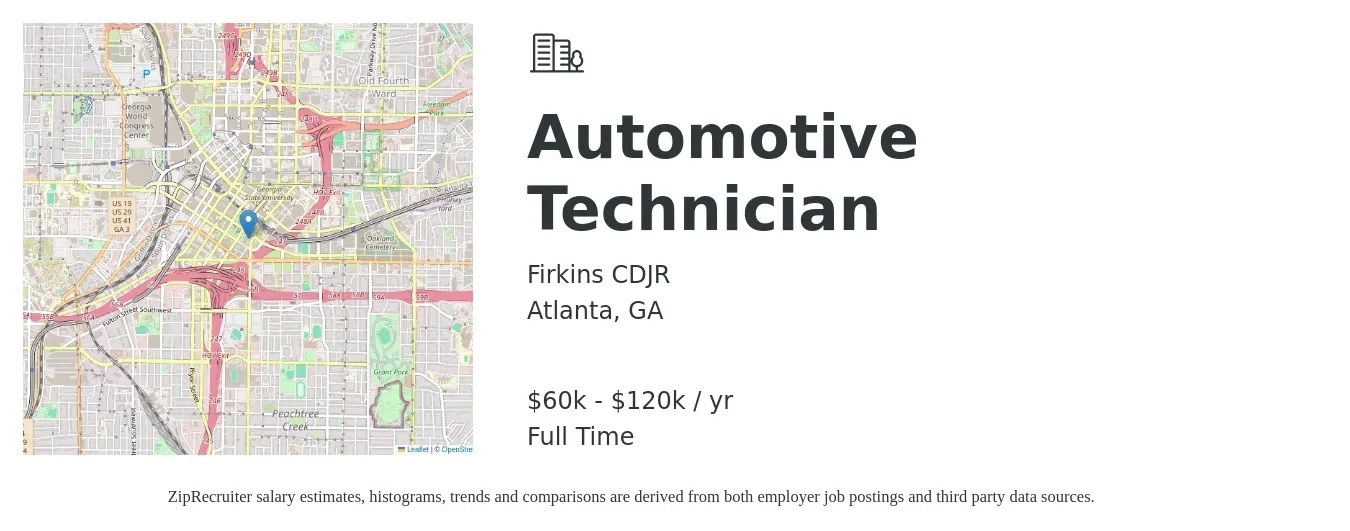 Firkins CDJR job posting for a Automotive Technician in Atlanta, GA with a salary of $60,000 to $120,000 Yearly with a map of Atlanta location.