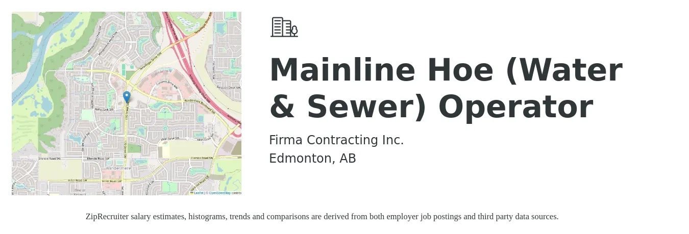 Firma Contracting Inc. job posting for a Mainline Hoe (Water & Sewer) Operator in Edmonton, AB with a map of Edmonton location.
