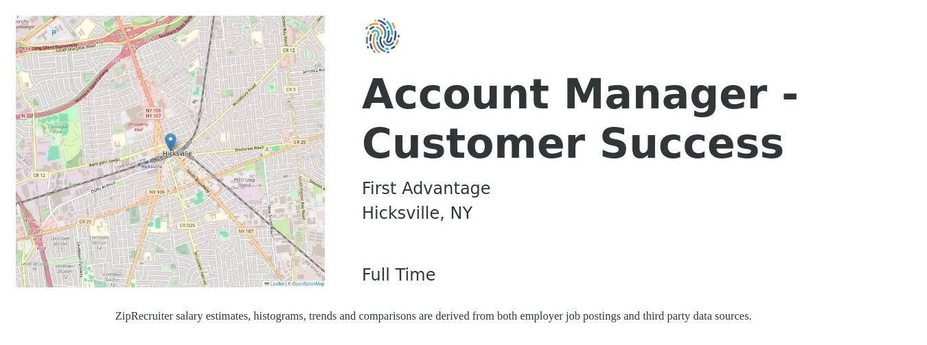 First Advantage job posting for a Account Manager - Customer Success in Hicksville, NY with a salary of $37,600 to $54,800 Yearly with a map of Hicksville location.