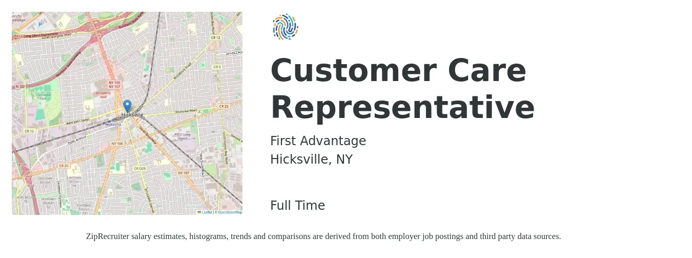 First Advantage job posting for a Customer Care Representative in Hicksville, NY with a salary of $16 to $22 Hourly with a map of Hicksville location.
