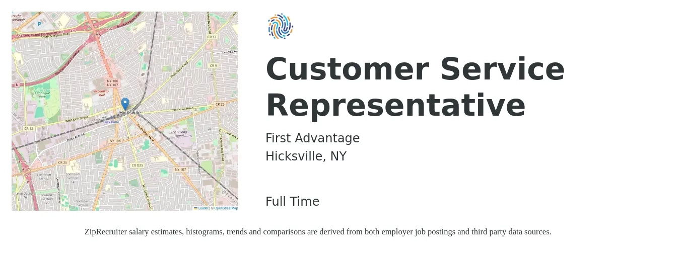 First Advantage job posting for a Customer Service Representative in Hicksville, NY with a salary of $16 to $22 Hourly with a map of Hicksville location.