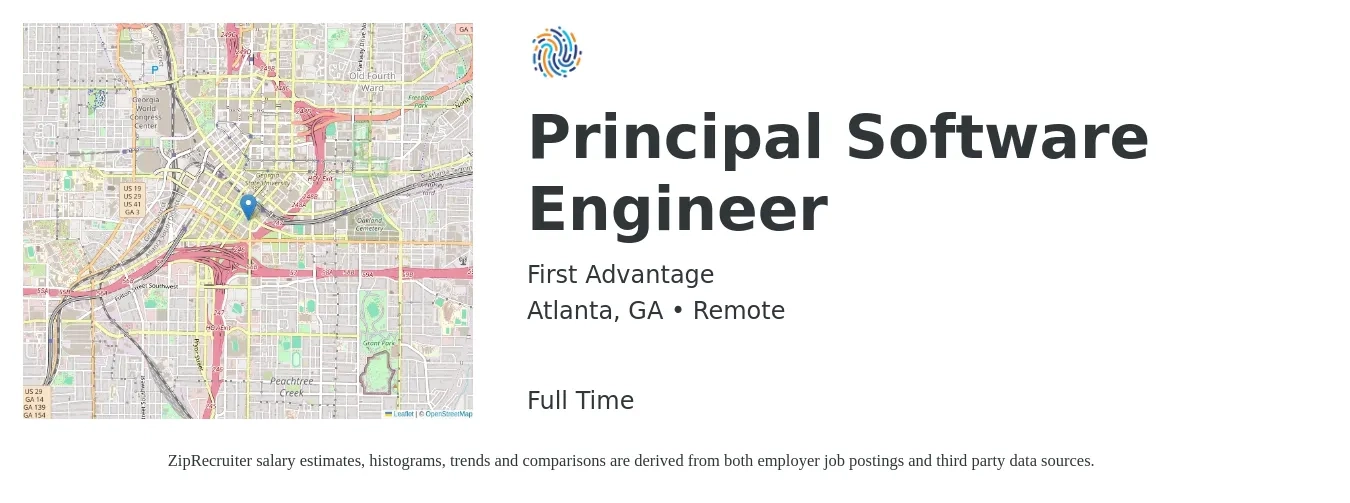 First Advantage job posting for a Principal Software Engineer in Atlanta, GA with a salary of $129,800 to $174,100 Yearly with a map of Atlanta location.