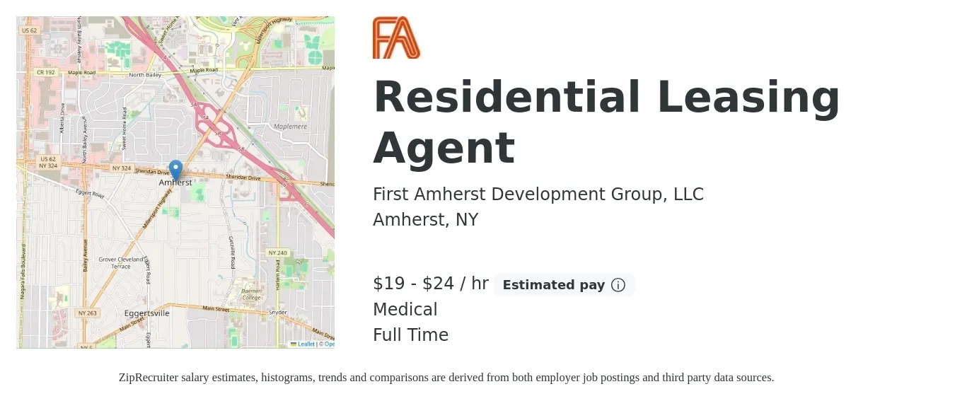 First Amherst Development Group, LLC job posting for a Residential Leasing Agent in Amherst, NY with a salary of $20 to $25 Hourly (plus commission) and benefits including retirement, medical, and pto with a map of Amherst location.