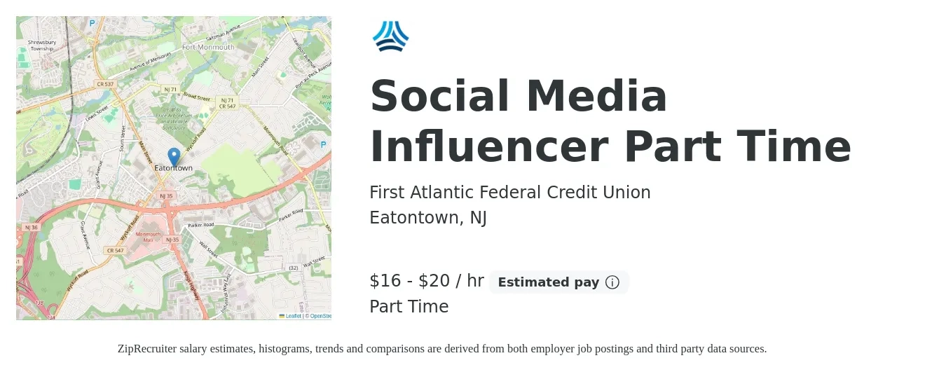 First Atlantic Federal Credit Union job posting for a Social Media Influencer Part Time in Eatontown, NJ with a salary of $17 to $21 Hourly with a map of Eatontown location.