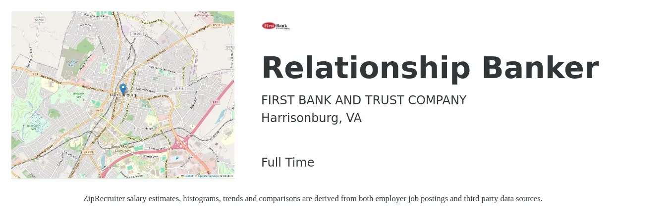 FIRST BANK AND TRUST COMPANY job posting for a Relationship Banker in Harrisonburg, VA with a salary of $17 to $22 Hourly with a map of Harrisonburg location.