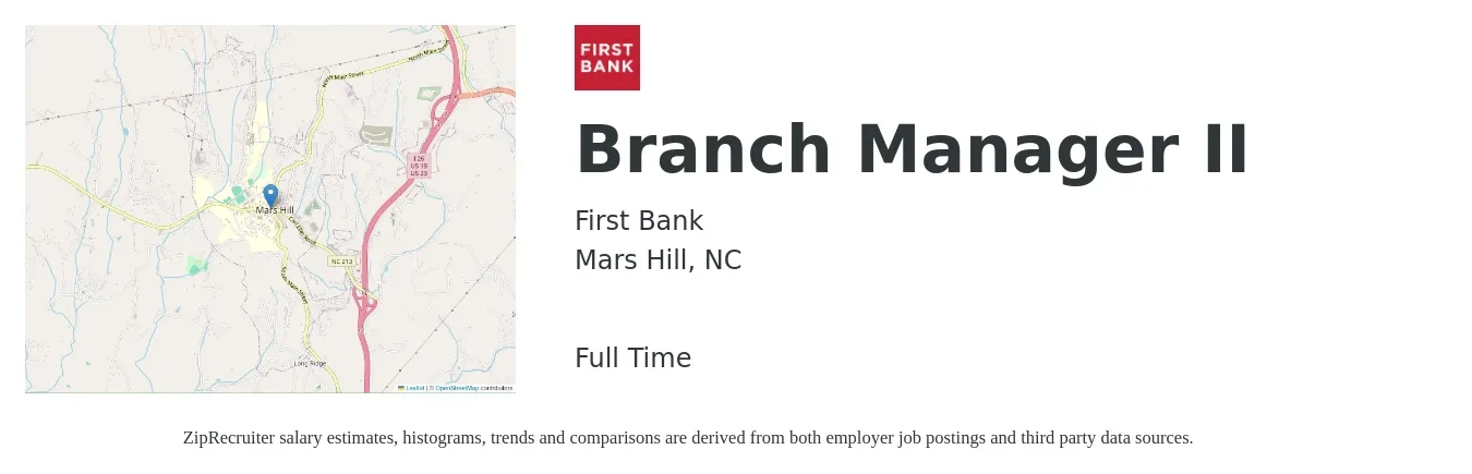First Bank job posting for a Branch Manager II in Mars Hill, NC with a salary of $54,800 to $82,700 Yearly with a map of Mars Hill location.