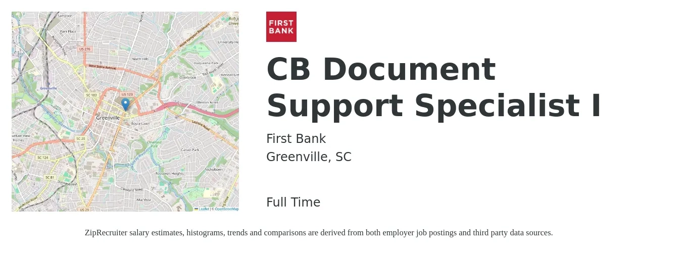 First Bank job posting for a CB Document Support Specialist I in Greenville, SC with a salary of $18 to $28 Hourly with a map of Greenville location.