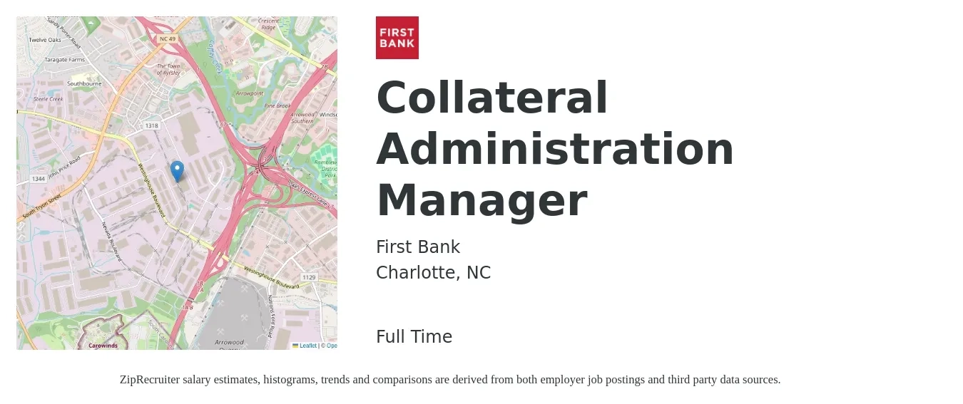 First Bank job posting for a Collateral Administration Manager in Charlotte, NC with a salary of $52,300 to $91,500 Yearly with a map of Charlotte location.