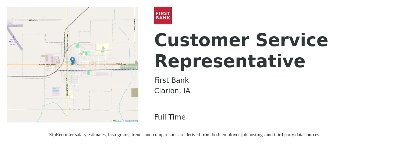 First Bank job posting for a Customer Service Representative in Clarion, IA with a salary of $14 to $20 Hourly with a map of Clarion location.