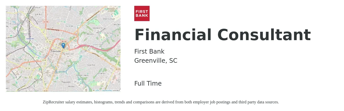 First Bank job posting for a Financial Consultant in Greenville, SC with a salary of $74,300 to $117,500 Yearly with a map of Greenville location.